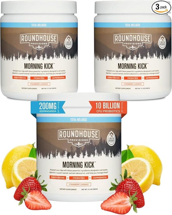 Morning Kick, Zero Sugar Greens Superfood Powder Supplement with Ashwaganda, Collagen, Probiotics, Debloat Drink, (3 Pack, Strawberry Lemonade) by Chuck Norris
